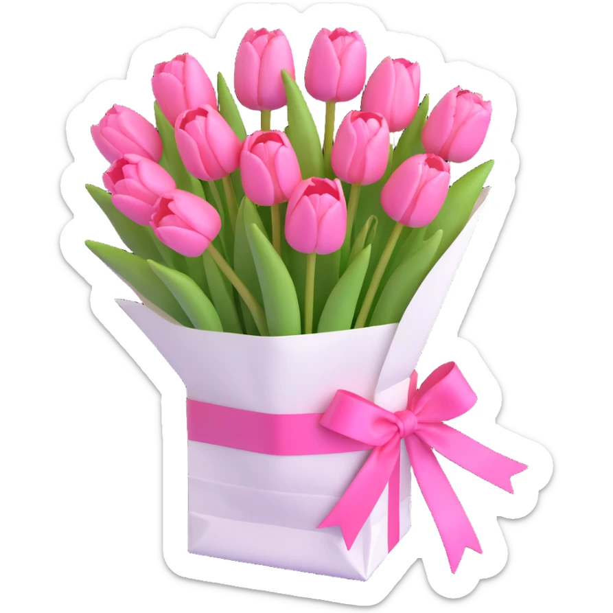A bouquet of pink tulips in a white paper bag tied with a pink ribbon, in 3D iOS style, pastel colors, soft shadows, clean and minimalistic design. sticker