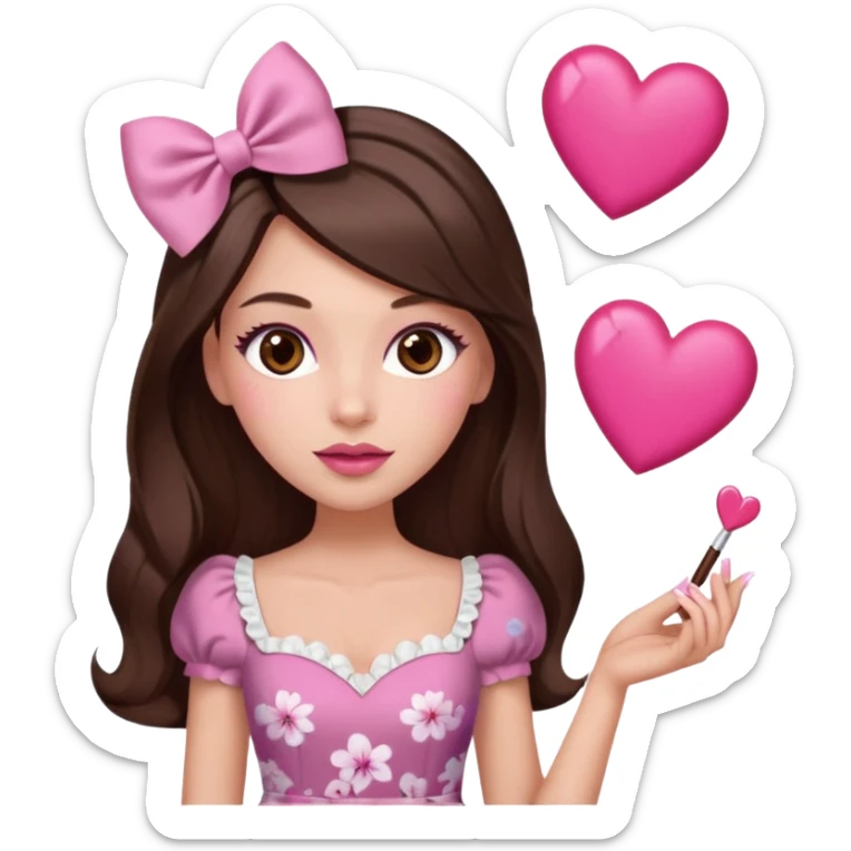 Chocolate brown clothes emoji, inspired with brunette hair, brown eyes, long hair, heart shape lips and pink make up  and pink nails, mauve pink blush and floral pink dress, half up hair with white bow peaking on the sides, white heels  sticker
