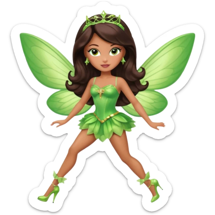 Pretty thick Barbie girl with caramel skin. Dark brown hair and brown eyes. She has freckles. Wearing sexy makeup. Wearing a green fairy costume and heels and flying sticker