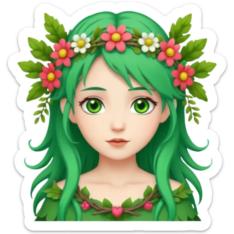 A forest princess with green hair, green eyes, wearing a wreath of flowers and branches sticker