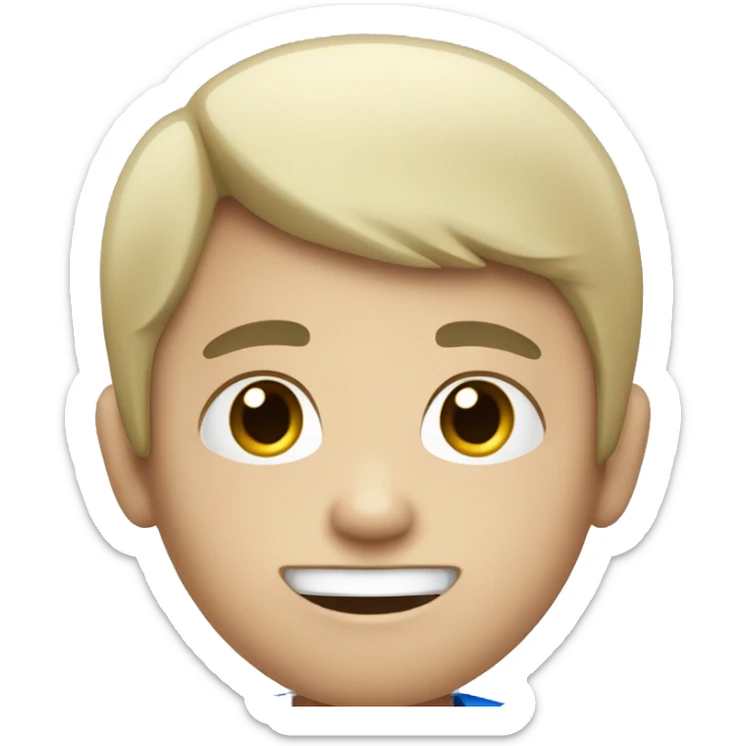 A boy with a short black hair and white skin and a blue t-shirt sticker