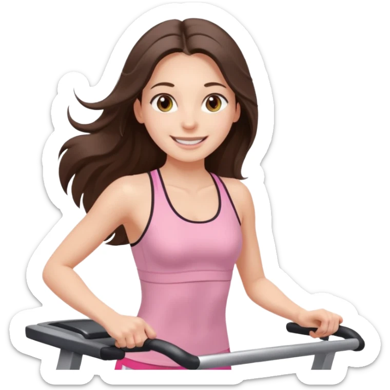 happy long haired brunette girl hazel eyes in light pink on treadmill  sticker