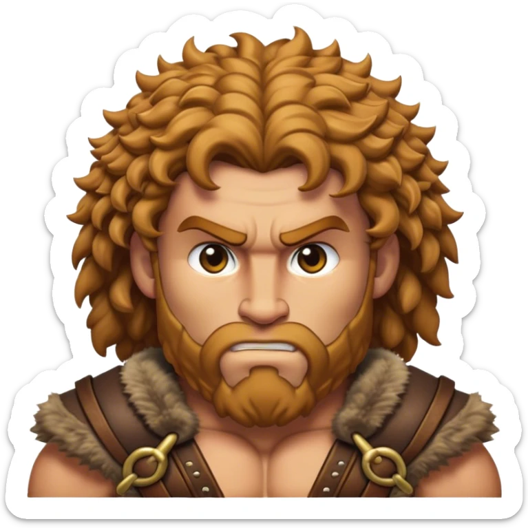 Cinematic Realistic Barbarian Hercules Portrait emoji, depicted as a fierce Greek hero with the chiseled features of Michelangelo's David. His light tan, sculpted skin glows with timeless strength, and his thick, curly, golden brown hair cascades in wild, untamed curls reminiscent of a warrior’s mane. Instead of a flowing white robe with golden accents and a laurel wreath, he wears rugged, weathered leather and fur garments—a tattered, fur-trimmed cloak draped over broad shoulders and a simple circlet forged from iron and bone. His intense, determined eyes exude savage nobility, all rendered under dynamic natural lighting with a mythic, raw, radiant glow. sticker