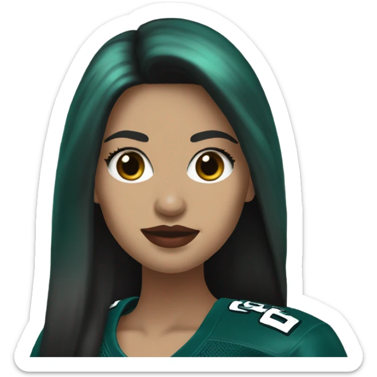 White female long dark hair red lips wearing Philadelphia Eagles jersey sticker