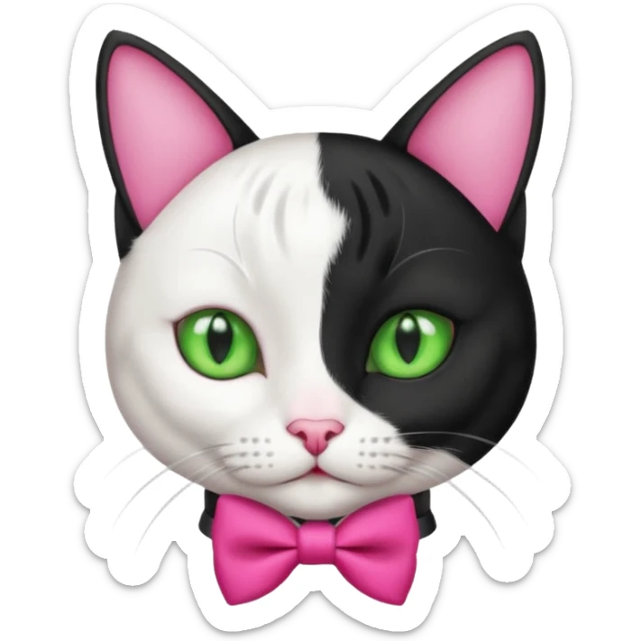 A black and white cat tuxedo breed head with green eyes she has a hot pink bow on her head  sticker