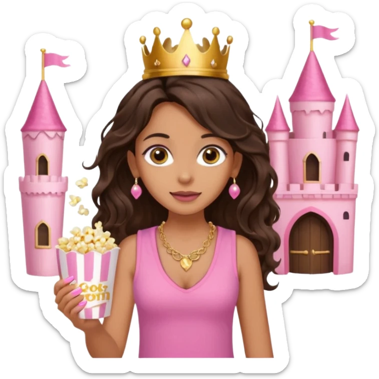 a woman with long dark brown  beachy wavy hair with light brown big eyes wearing pink vest top gold necklace baby pink nails and gold stud earrings with a pink castle fantasy in the background while eating popcorn  sticker
