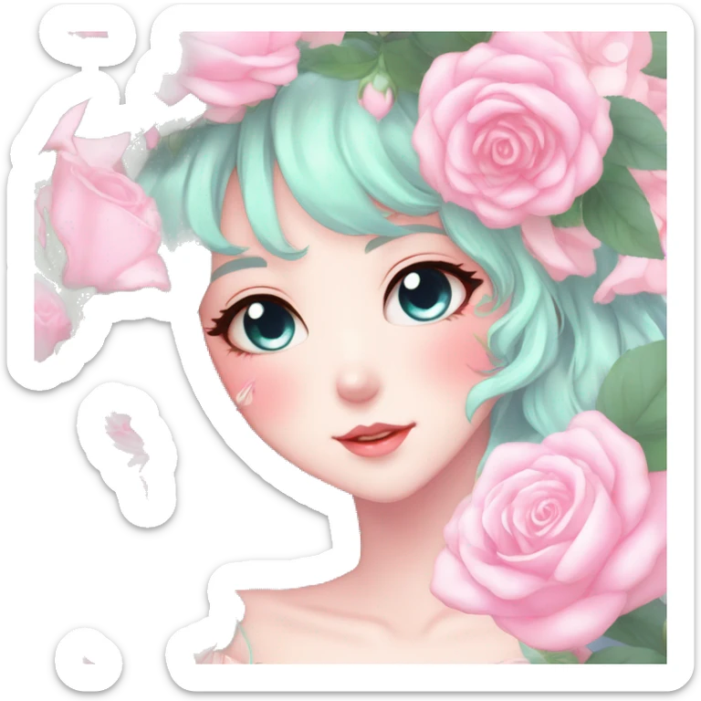 Gorgeous pastel anime style lady with blushing face and roses cottagecore fairycore pastelcore shiny colorful pearly petite aesthetic trending style sticker