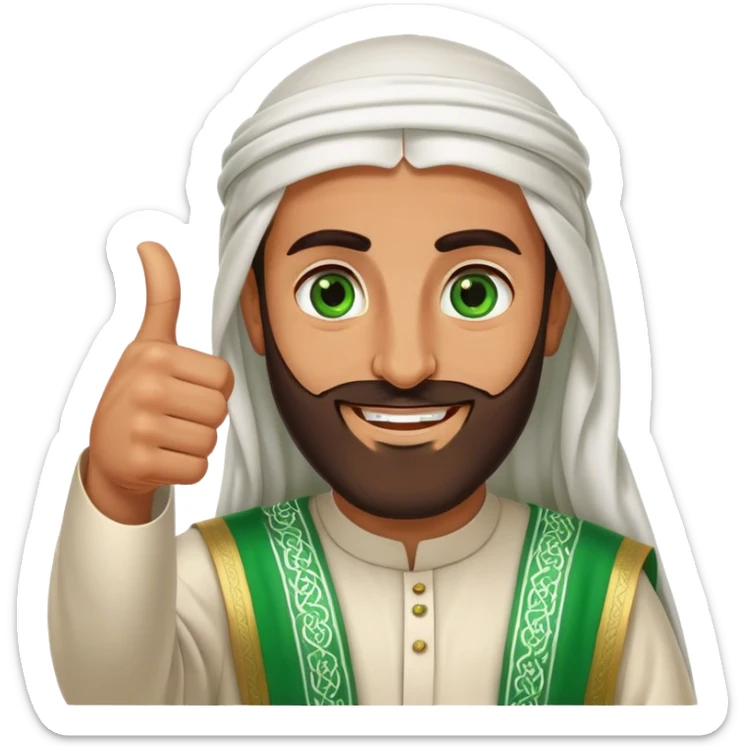 Tanned Arab Saudi man with green eyes and a beard, wearing traditional attire, smiling and giving a big thumbs-up sticker