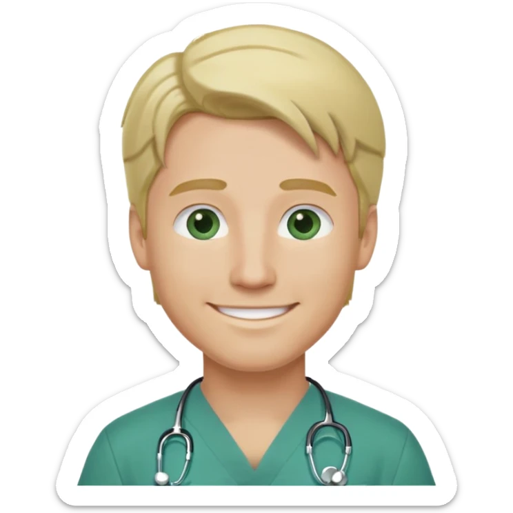 a male doctor with green scrubs, blonde hair middle part, blue eyes, smiling sticker