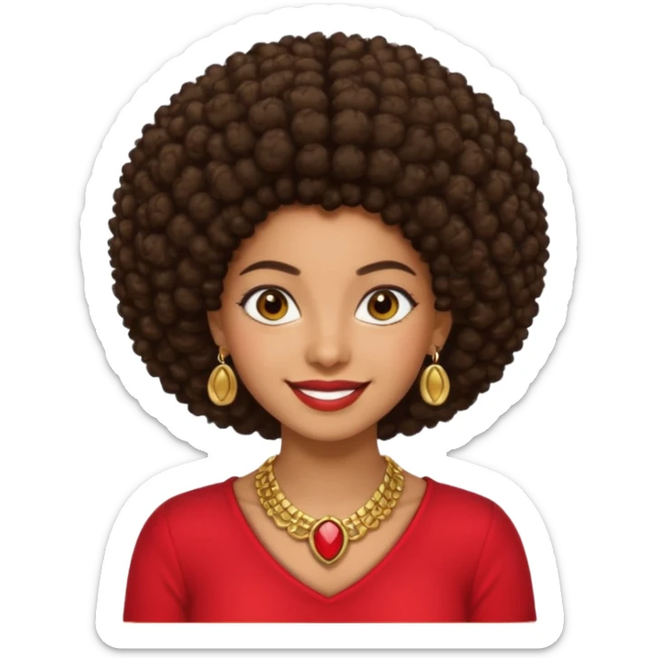 Brownskin girl dark brown hair afro brown eyes smiling red shirt gold esrrings gold necklace sticker