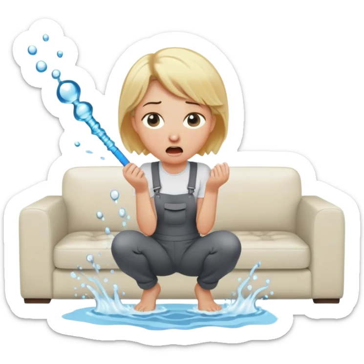round-faced blond woman kneeling, shocked expression, playful cartoon stick with D-shaped knob and exaggerated features coming from trousers in front of her face, water jet into her mouth, white couch behind sticker