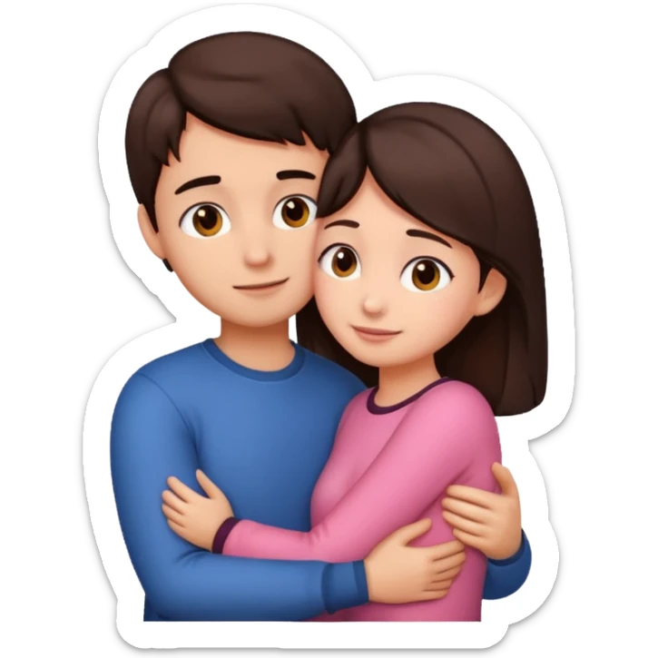 Girl and boy couple Both peach skin and darkish brown hair hugging emoji looking at eachother sticker