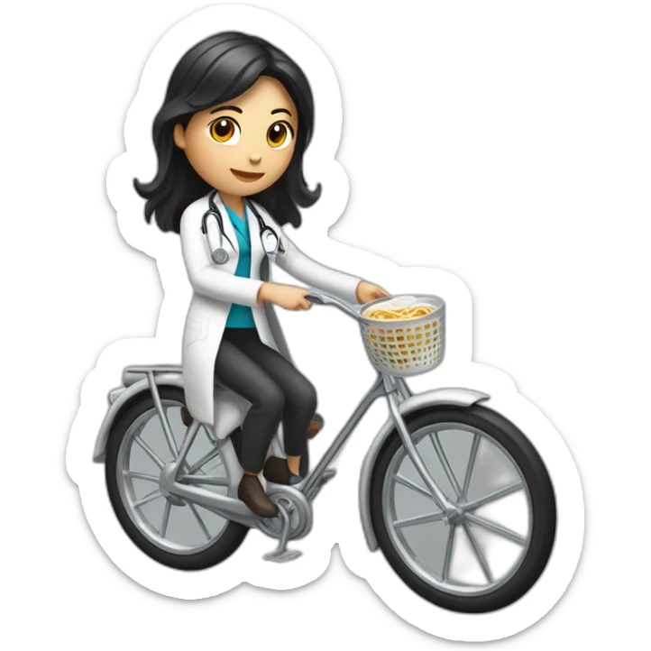 long and dark hair female doctor with a ramen bowl in her hand and riding a chrome bicycle sticker