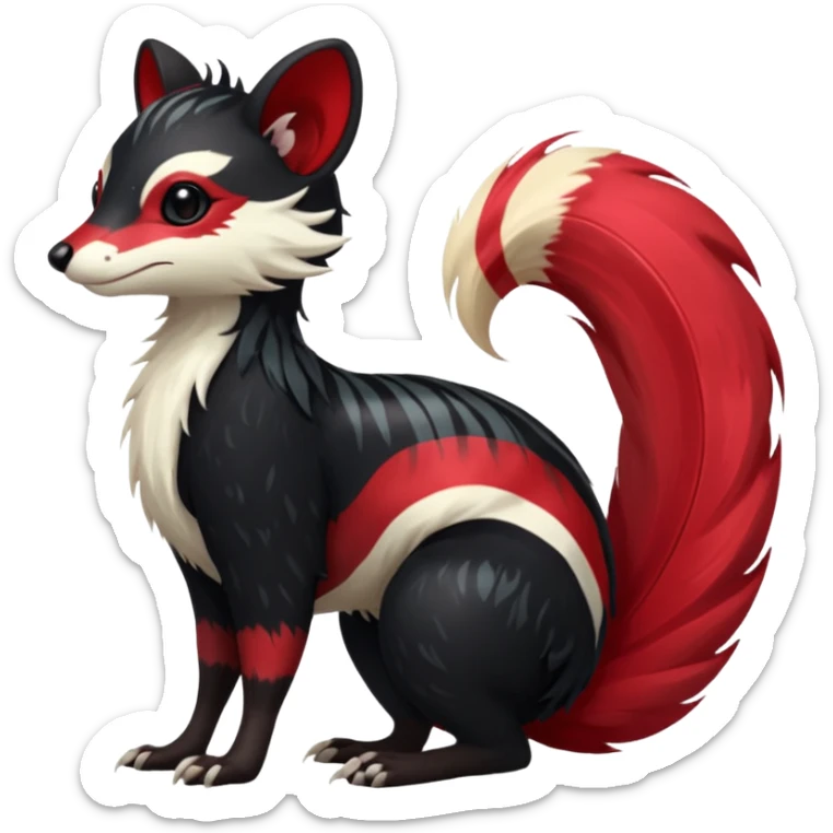 Feral Rare Fantasy shiny soft fuzzy furry vibrant tropical obsidian-black and crimson-red Vernid-Trico-species-creature by LiLaiRa, random markings, tufted tail, tufted ears, full body with markings with white skunk-tail-stripes sticker