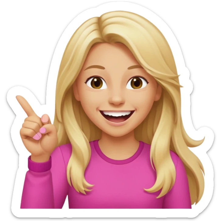 Blonde tan girl with long hair, laughing and pointing straightforward wearing pink sticker