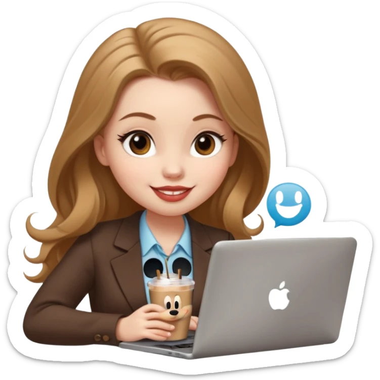 Women in front of one laptop that has a Mickey sticker on it, with a happy face, face a little fuller, lips plump, full eyebrows, long light brown hair, light brown big eyes, light pale skin with a iced coffee on the side, business attire, typing sticker