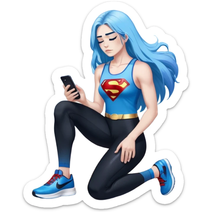 Shameful disappointed crying-very very very very big chest-texting on a samsung cell phone-very long straight flowing black to sky blue hair ombre-blue eyes-black eyeliner-long eyelashes-plastic sparkling sky blue very low cut tank top with sparkling superman logo-black leggings-nike sneakers sticker