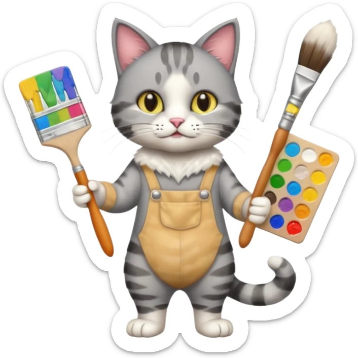 A full body cat holding brushes and a colour pallete because he is an artist sticker