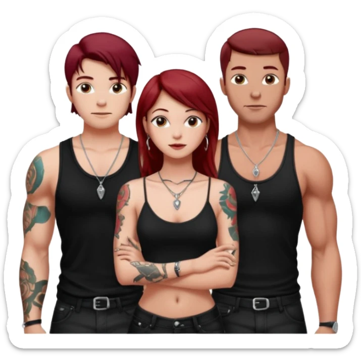 a pretty bratz fair girl with dark red straight hair, black cami top, silver dainty necklaces, rings, hoops, tattoos standing with two handsome lean but muscled guys sticker