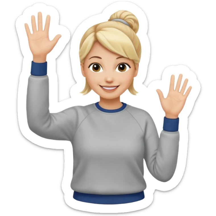 50 year old blonde woman with bun in casual clothes and sweat shirt waving sticker