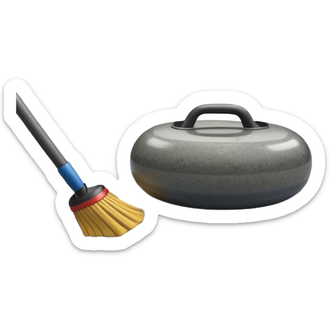 An icon showing a detailed close-up of a curling stone sliding across the ice, with a broom in motion beside it. The background features an indoor stadium with cheering spectators on the stands. Transparent background captures the strategy and focus of curling. sticker