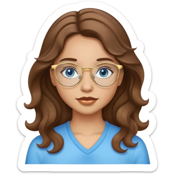 Girl with wavy Brown hair, light skin tone blue eyes and gold glasses sticker