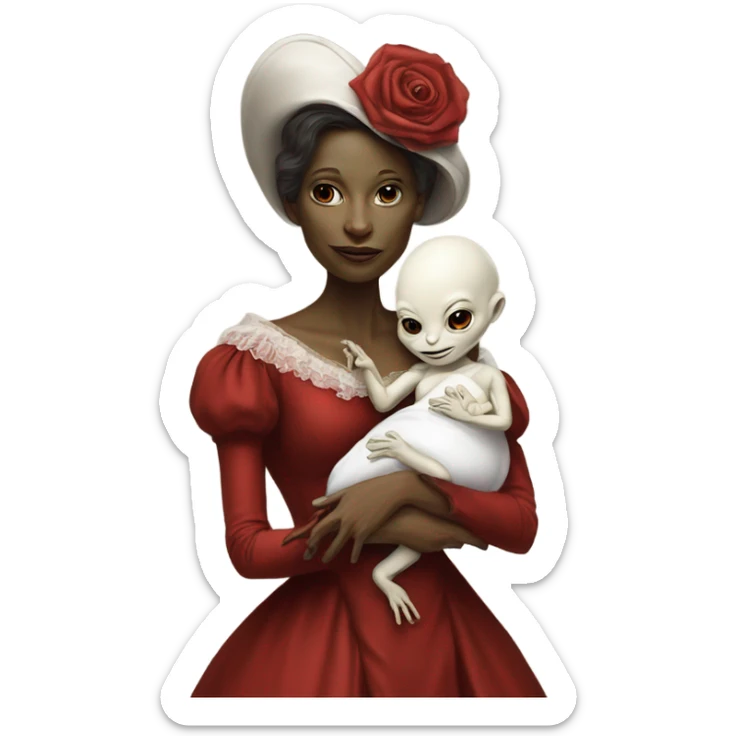  Reptilian alien woman , full body, in victorian red elegant dress , holds a newborn white humman baby sticker