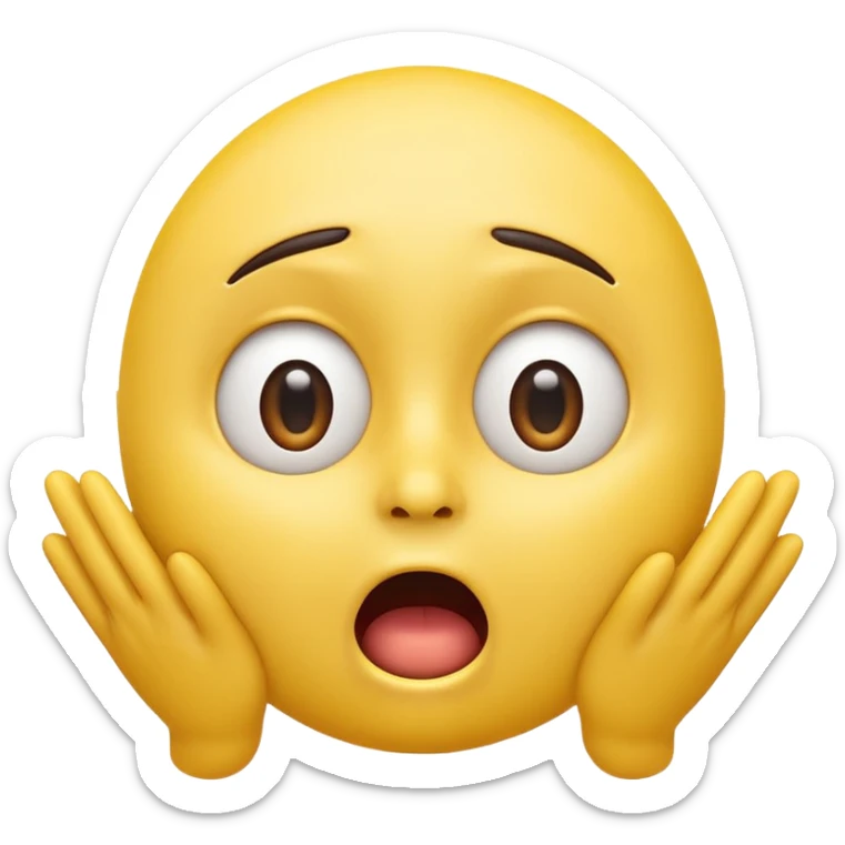 A 3D glossy yellow emoji of a shocked horrified face, with mouth and eyes are wide open, eyebrows  raised, and hands against their cheeks, face without nose, black background, high quality, soft studio lighting sticker