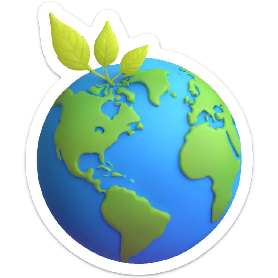A single green leaf resting gently on top of a vibrant, round Earth globe. The focus is on the leaf and the globe with a simple background and soft natural lighting sticker