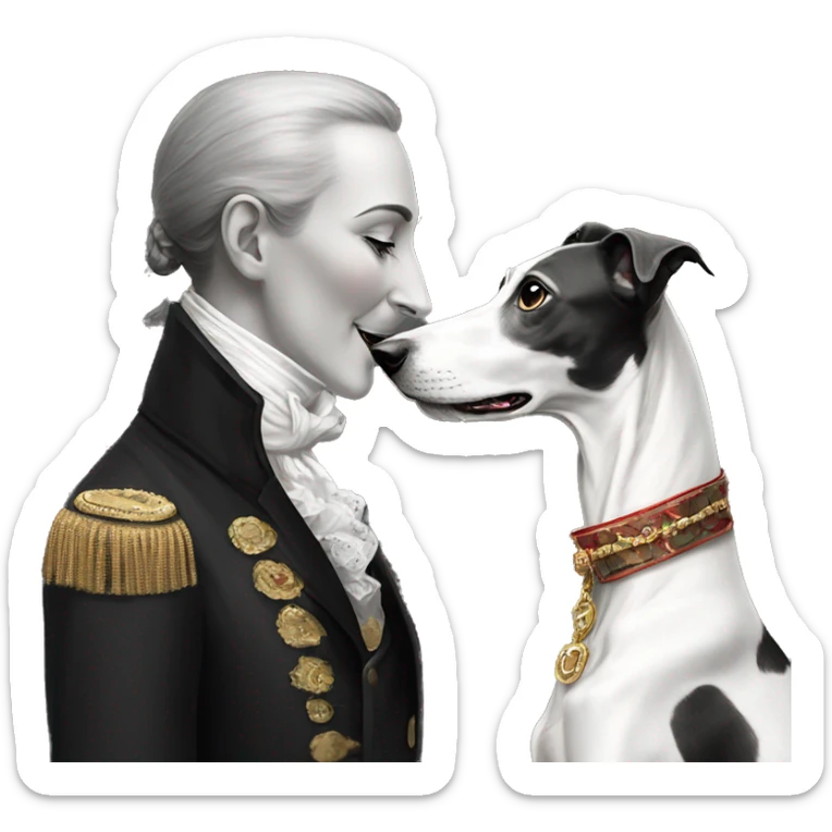 Two aristocrat dog black and white galgo kiss with women  sticker