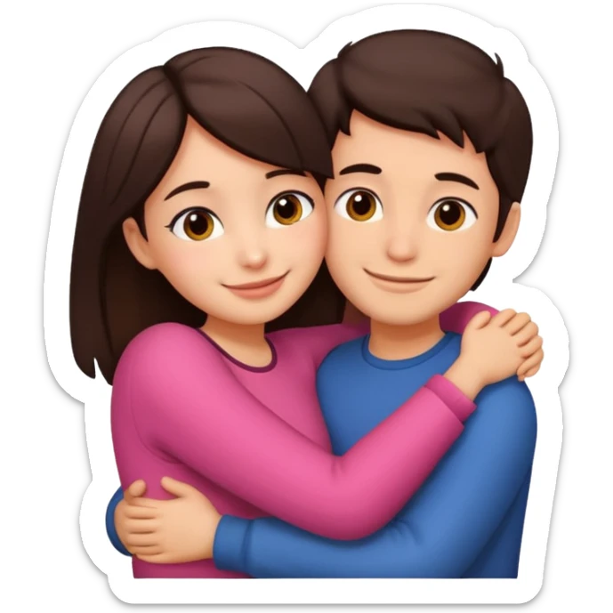 Girl and boy couple Both peach skin and darkish brown hair hugging emoji leaning on eachother sticker