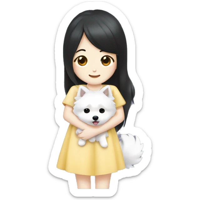 Japanese spitz dog hug black hair girl with dress sticker