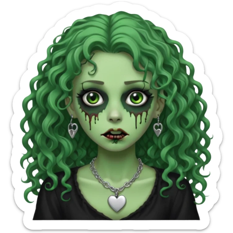 a green zombie girl with a scar on her face, long curly hair, wearing a black blouse and a silver necklace with a heart pendant downcast eyes and eyeliner sticker