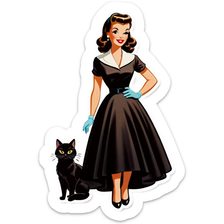 Beautiful woman in 1950’s woman fashion look, black dress, long dark brown hair, whisky with ice, black cat sticker