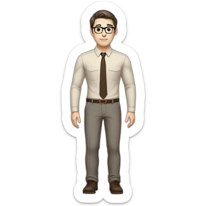 Full height Pale skinned fit man with dark brown hair in gray jacket, beige office shirt, brown tie, brown pants and vintage glasses. His right hand stretched out sticker