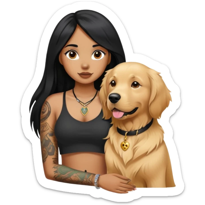 brown girl with long black  straight hair with  tattoos on the chest and  a golden retriever sticker