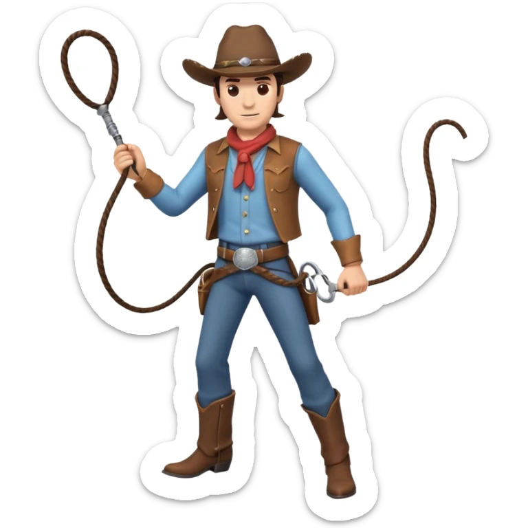 cowboy man holding a whip, dynamic pose, western outfit, adventure vibe, 3D cartoon, mobile game icon style, clean background, no text, no watermark
 sticker
