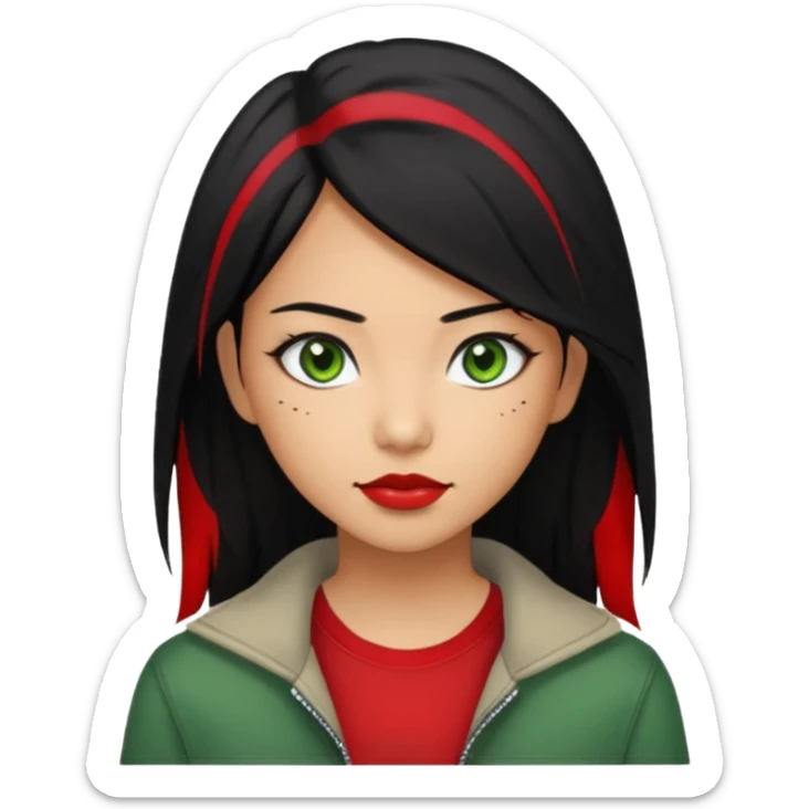 Asian-Latina woman with black hair with a red streak, green eyes, and an alternative/grunge style of clothing. sticker