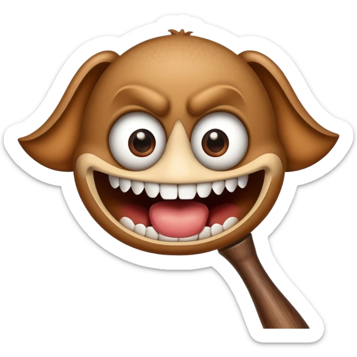 Brown baseball bat with cartoon eyes, a nose, and an open mouth showing teeth sticker