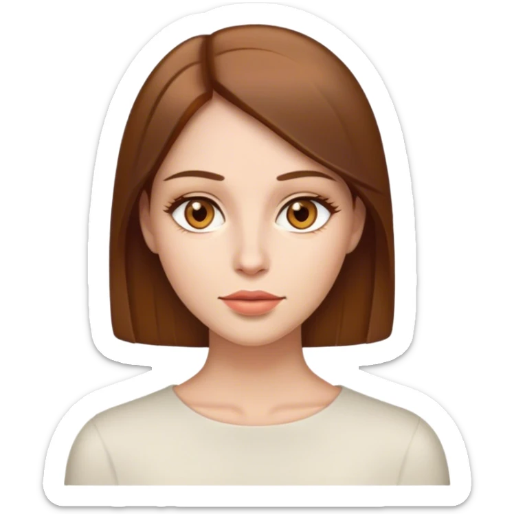 Mujer con pelo castaño ojos de color miel y cabello liso blanca con labios delgados como una linea sticker