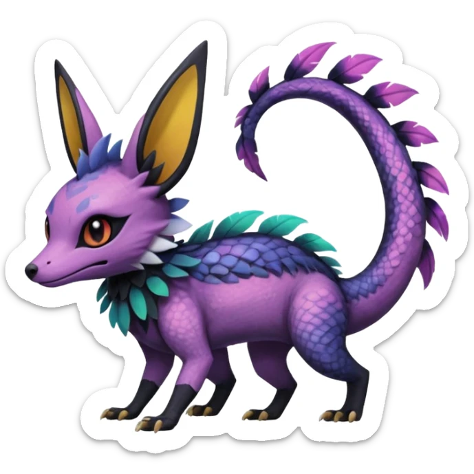 Rare epic aesthetic iridescent spooky gloomy colorful Salandit-Noibat-Eevee-Genet-species-Fakemon-hybrid-creature, with markings, full body sticker