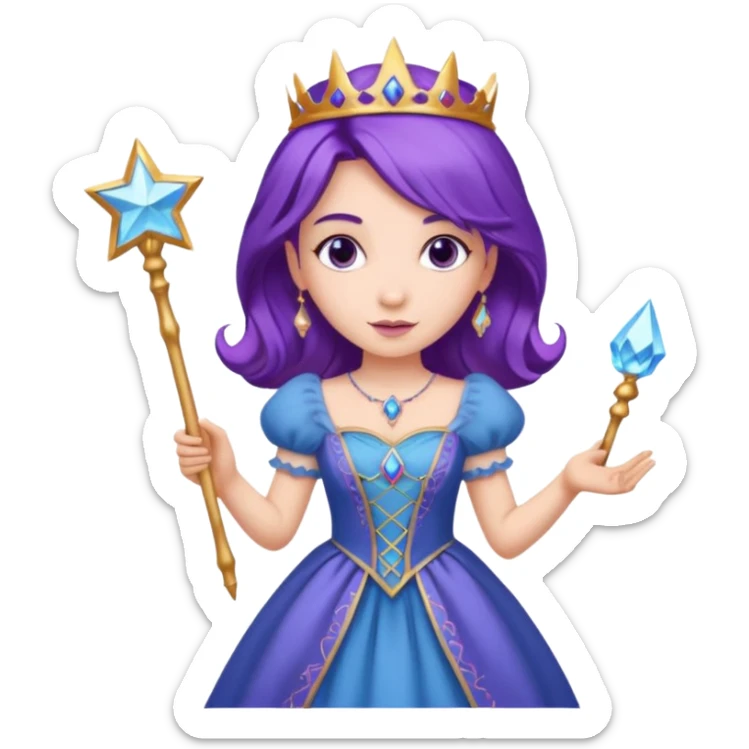 Princesses with Magic Wand in Purple Hair, blue dress sticker