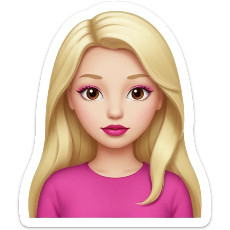 a girl with long eyelashes a pink outfit, long blonde hair, and big lips with red lipstick sticker