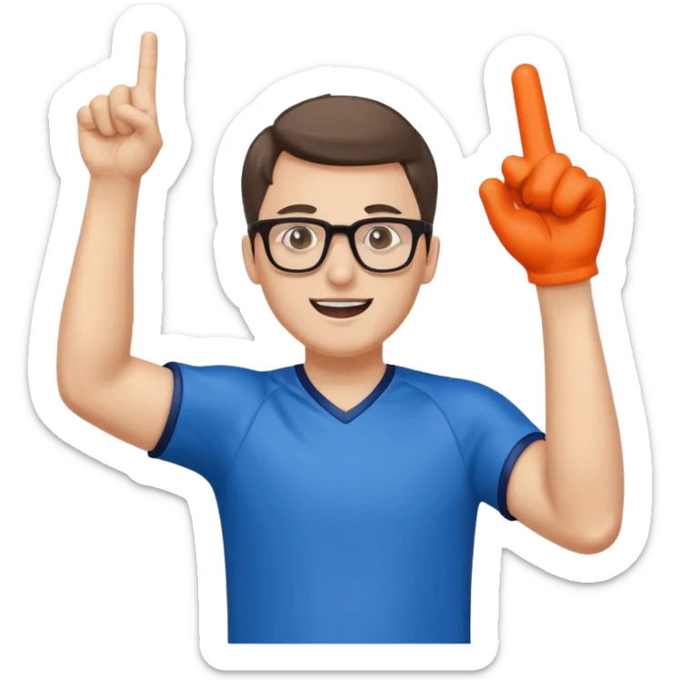 A slim man with glasses, pumping the foam finger in the air with bright enthusiasm. sticker