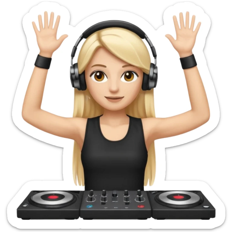 I want a white female dj animated gif emoji with long straight centre parting blonde hair, brown eye brows and putting hands up in the air. Wearing a black tight top with no sleeve. Also wearing DJ headphones  sticker
