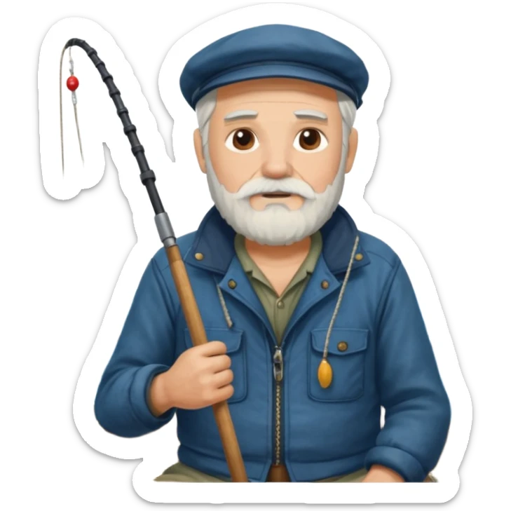 an old white haired, bearded man in fisherman attire, sat in a big boat on the ocean, casting a fishing line into the water sticker