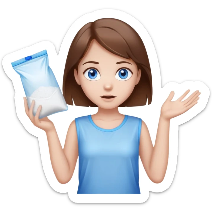 Brown hair blue eye Girl shrugging holding a clear plastic bag with white powder sticker