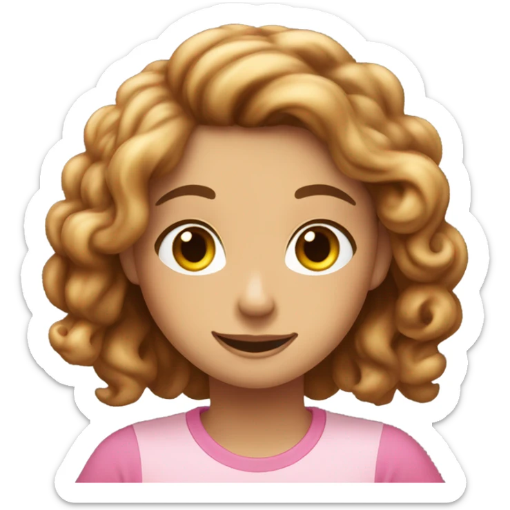 A girl with fair skin, a brunette with long curly hair and brown eyes. Eating sinabon in a pink T-shirt. sticker