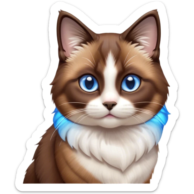 Cinematic Cute Brown Mantle Snowshoe Cat Portrait Emoji, Head tilted playfully and inquisitively, rich brown fur cascading over its back like a mantle, with soft white paws, chest, and face, striking icy-blue eyes brimming with curiosity, Simplified yet irresistibly adorable features, highly detailed, glowing with a warm, friendly glow, high shine, affectionate and lively, stylized with a touch of whimsy, bright and endearing, soft glowing outline, capturing the essence of a mischievous yet loving kitten, so playful it feels like it could pounce out of the screen and into your arms! sticker