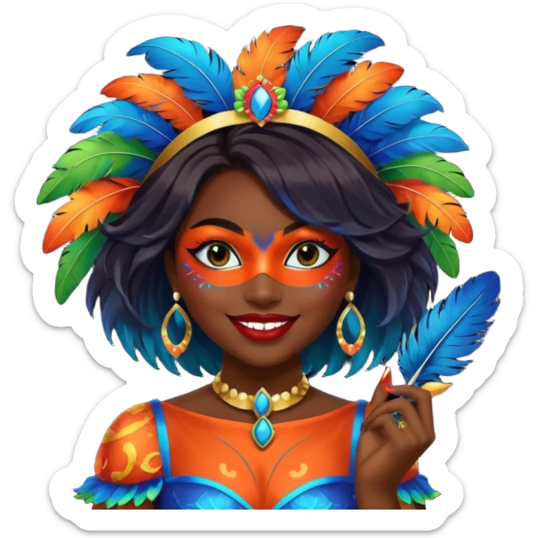 i need the same girl in "dark skin girl, dark red lipstick, nails very beautiful" to be smiling in "carnival mas costume, blue, green and orange preferably, full costume feathers at the back" she is to be smiling, hair should be dark and in a bob  sticker